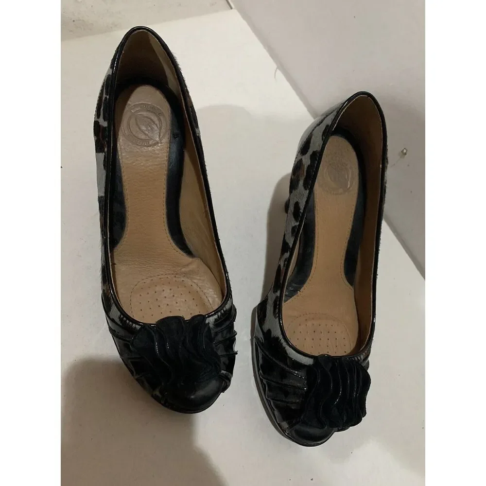 Nurture Womens Rosalind Black Leopard Pony Hair Leather Bow Heels Shoes 6 1/2‎
